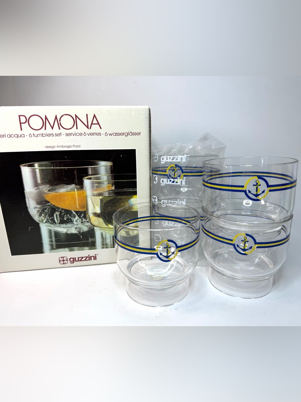 1970s Guzzini Pomona Tumblers Set of 5, Design Ambrosio Pozzi in box